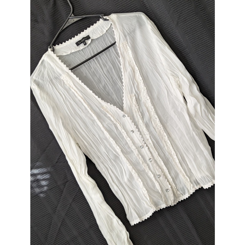 LE CAVIAR! PETIT-CROCHET CRINKLED CREAM "DIAMOND" BUTTON BLOUSE, TOP! SZ XL